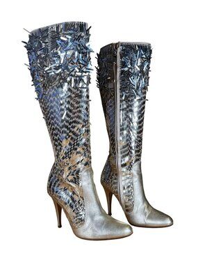 Rene Caovilla Glitter Sequin Metallic Gold Knee High Boots Size EU 37